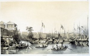 Europeiske fabrikker i Kanton - i "Kina og kineserne", tegninger av Auguste Borget og litografier av Eugène Cicéri