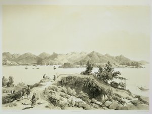 The Bay and Island of Hong Kong, plate 4 fra 'Sketches of China', gravert av Eugene Ciceri (1813-90) 1842 (tonet litho)