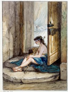 Illustrasjon av fabelen "Mannen som løper etter formuen og mannen som venter på ham i sengen sin"" av Jean de La Fontaine. Akvarell av Auguste Delierre (1829-c.1890)