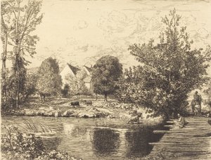Gammel gangbro, bredden av den lille Morin Vieille passerelle, bords du petit morin, 1915. av Auguste Lepere
