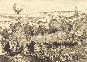 Den fallende ballongen, i Pre-Saint-Gervais Lebaloon qui grav, i Pre-Saint-Gervais, 1910. av Auguste Lepere