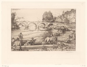 Utsikt over Pont Marie med figurer i Seinen L