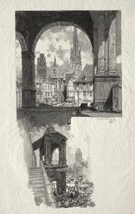 Illustrert Rouen: Place de la Haute Vieille Tour; Aedicule of Pride av Auguste Louis Lepère