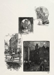 Illustrert Rouen: Rue des Charretes; Halage Street; Rue Eau de Robec; Kunstplassen av Auguste Louis Lepère