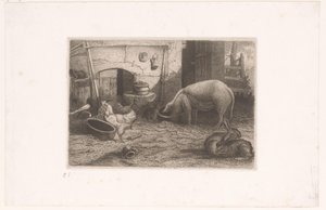 Gris, høner og kaniner på en låve av Auguste Numans (attributed to)