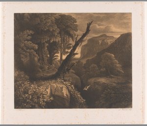 Fjelllandskap med fugl som flyr gjennom en kløft Dix eaux-fortes par A. Numans (serietittel) Ansikter av Auguste Numans til andre artister (serietittel) av Auguste Numans