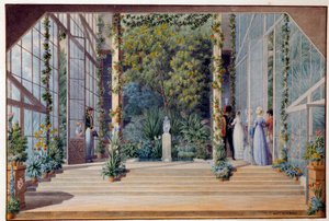 Et besøk til det varme drivhuset til slottet Malmaison Aquarelle av Auguste Garneray (1785-1824) 1823 Søn. 0,16x0,24 m Malmaison, musee du chateau