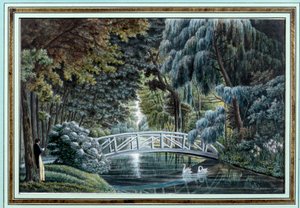 Utsikt over trebroen over elven til venstre for slottet Malmaison Watercolor d