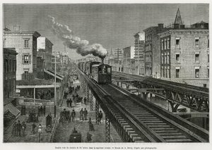 Dobbeltspor av Airline Railway på Seventh Avenue, New York, New York. Edouard de Laveleye, i 1878-1879, publisert i Tour du monde, under ledelse av Edouard Charton (1807-1890)