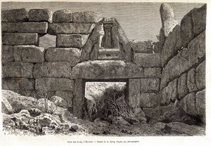 Løvenes port i Mykene - tegning av A. Deroy, i "" Jorden rundt"" 1877 2. semester
