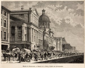 Le marche de Bonsecours, et turist- og kultursenter i Montreal, gravert etter en tegning av A.Deroy, som illustrerer ekskursjonen til Canada og Riviere Rouge du nord, av H. De Lamotte, i 1873, publisert i "" Le tour du monde””” 1875, redigert av Edou