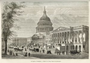 Capitol, sete for lovgiver, bygget mellom 1793 og 1830, i Washington (District of Columbia), hovedstaden i USA. Gravering etter A.Deroys tegning, for å illustrere historien La conquete blanche, av William Hepworth Dixon, i 1875, s.