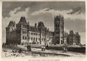 Parlamentspalasset i Ottawa, bygget mellom 1859 og 1876, gravert etter en tegning av A.Deroy, som illustrerer ekskursjonen til Canada og den røde elven i nord, av H. De Lamotte i 1873, publisert i "" Le tour du monde””” 1875, redigert av Edouard