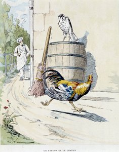 Falken og kaponen i "" Fables of La Fontaine, ill. av Auguste Vimar (1851-1916), Tours, hos A, Mame & Son