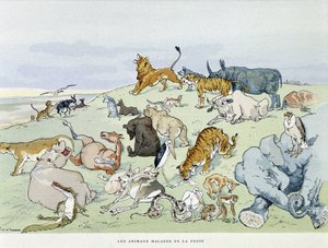 Dyr syke med pest "" Les Fables de la Fontaine"", ill. av Auguste Vimar (1851-1916), Tours, hos A, Mame & Son