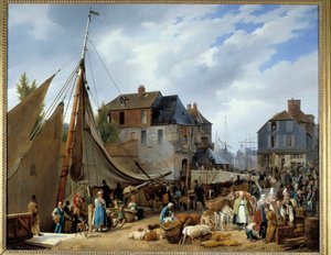Bording storfe på passasjeren”” i havnen i Honfleur”” Maleri av Auguste-Xavier Leprince (1799-1826) 1823. Dim. 1,3x1,6 m.