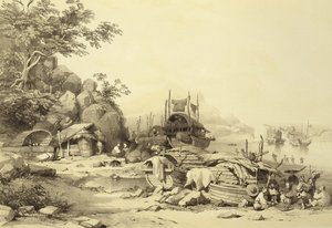 House Boats on the Bay of Cowloon, plate 6 fra Sketches of China, gravert av Eugene Ciceri (1813-90) 1842 (tonet litho) av Auguste after Borget