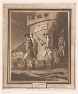 Soldater med to fanger ved tårnet Vær ikke overrasket/ ne soyez pas surpris (tittel på objekt) av Auguste de Bouillé