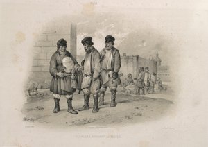 Byggere som drikker Sbiten Fra: The Construction of the Saint Isaacs Cathedral, 1845 av Auguste de Montferrand