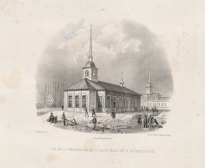 Vief av den første første St. Isaacs-kirken i 1710 Fra: The Construction of the Saint Isaacs Cathedral, 1845