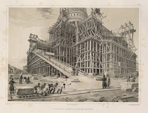 Utsikt over katedralen omgitt av trestillaser Fra: The Construction of the Saint Isaacs Cathedral, 1845