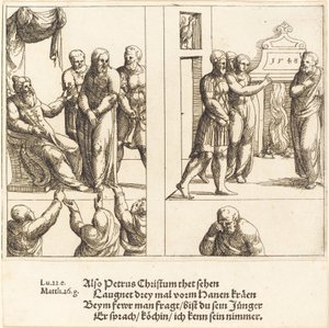 Kristus før Kaifas, og Peter fornekter Kristus, 1548. av Augustin Hirschvogel
