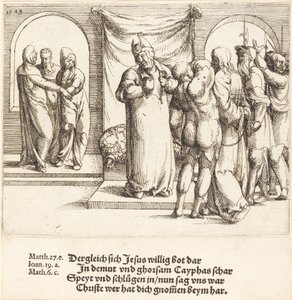 Kristus blir hånet, og Kaifas river sine klær, 1549. av Augustin Hirschvogel