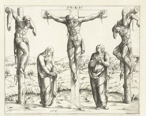 Kristus på korset og Maria og Johannes Korsfestelse Gamle og nye testamente konkordans (serietittel) Concordants alt und news Testaments (serietittel) av Augustin Hirschvogel
