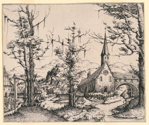 Kirke ved en bekk, dekket av en overbygd bro av Augustin Hirschvogel