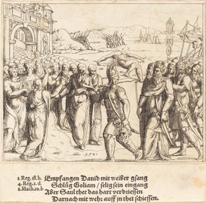 David blir ønsket velkommen etter å ha drept Goliat, og Sauls sjalusi, 1547. av Augustin Hirschvogel
