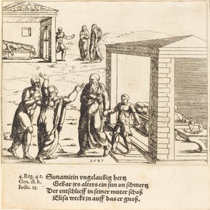 Elisa oppdrar sønnen til sunnimitten, 1547. av Augustin Hirschvogel
