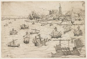 Jonah og hvalen på en innsjø med seilfartøy, 1546 av Augustin Hirschvogel
