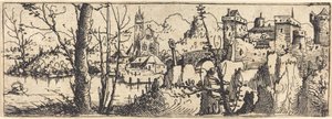 Landskap med slott til høyre, omgitt av steiner, 1546. av Augustin Hirschvogel