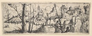Landskap med fort og en kirke ved en elv, 1545. av Augustin Hirschvogel
