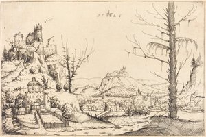 Landskap med høye klipper, elv og by av Augustin Hirschvogel