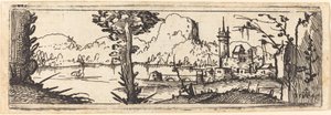Landskap med innsjø og by, 1545. av Augustin Hirschvogel