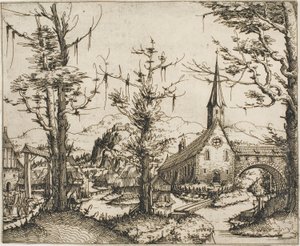 Landskap med kirke og overbygd bro av Augustin Hirschvogel