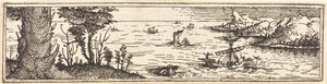 Landskap med innsjø og seilfartøy av Augustin Hirschvogel