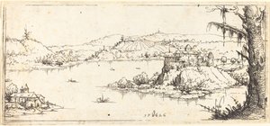 Landskap med en stor innsjø i sentrum, 1546. av Augustin Hirschvogel