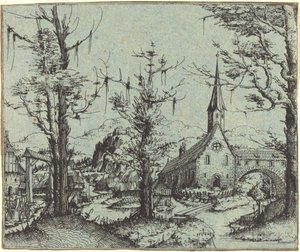 Landskap med en landsbykirke av Augustin Hirschvogel