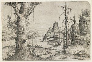 Stort tre og slott på en innsjø av Augustin Hirschvogel