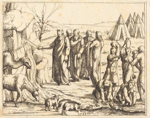 Moses slår klippen. av Augustin Hirschvogel