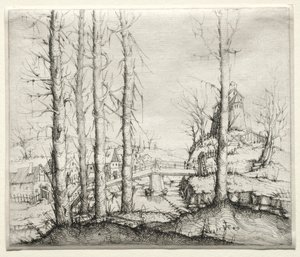 Elvelandskap med fem nakne grantrær i forgrunnen, 1549.
