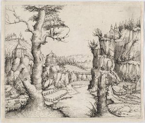 Elvelandskap med høye klipper, 1546. av Augustin Hirschvogel