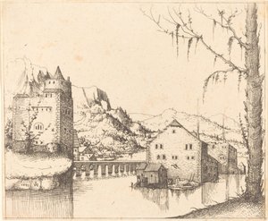 Elvelandskap med øyhus, 1545. av Augustin Hirschvogel