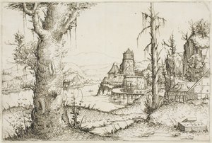 Elvelandskap med stort tre i forgrunnen av Augustin Hirschvogel