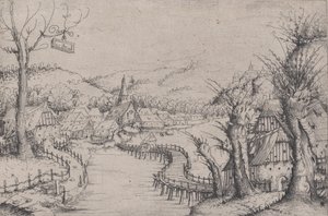 Elvelandskap med tre nakne piletrær til høyre og en lang svingete trebro ved ..., 1546. av Augustin Hirschvogel