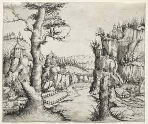 Elvelandskap med steiner til venstre og til høyre, 1546. av Augustin Hirschvogel