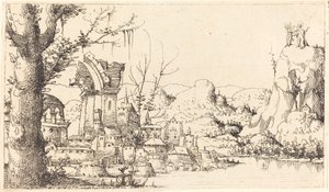 Elvelandskap med Kristi fristelse, 1545. av Augustin Hirschvogel