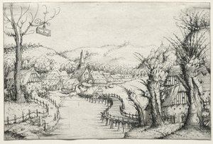 Elvelandskap med tre nakne piletrær til høyre og en lang svingete trebro..., 1546. av Augustin Hirschvogel
